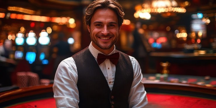 Studio live dealer dengan dealer profesional dan meja baccarat